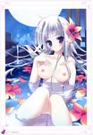  absurdres bathing bathtub breasts copyright_request eyebrows_visible_through_hair flower foreshortening full_moon highres karory legs medium_breasts moon nipples nude petals solo water white_hair 