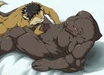  abs anthro barazoku bear bed biceps big_muscles big_penis black_hair blush canine dog duo fur gay grizzly_bear hair handjob male mammal muscles nude pecs penis red_eyes sex smile suruga 