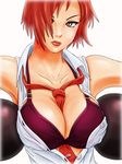 bare_shoulders between_breasts black_bra bra breasts cleavage clothes_between_breasts jeibii large_breasts lingerie lipstick makeup necktie open_clothes open_shirt red_hair shirt short_hair solo the_king_of_fighters unbuttoned underwear upper_body vanessa_(king_of_fighters) 