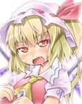  ascot blonde_hair blush drooling fang flandre_scarlet hat highres nyagakiya open_mouth red_eyes side_ponytail solo touhou upper_body wings 