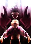  caster_(fate/zero) fate/zero fate_(series) highres jacket male_focus multiple_boys orange_hair outstretched_hand purple purple_jacket sat-tsu uryuu_ryuunosuke 