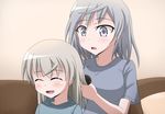  aurora_e_juutilainen bad_id bad_pixiv_id blush brushing_another's_hair closed_eyes couch eila_ilmatar_juutilainen grey_eyes hair_brush hair_brushing hood hoodie long_hair multiple_girls norayinu pillow shirt siblings sisters smile strike_witches t-shirt world_witches_series 