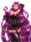  1girl armpits bare_shoulders black_legwear black_thighhighs boken_fantasy breasts cleavage collar detached_sleeves dress fate/stay_night fate_(series) female highres hips large_breasts long_hair mound_of_venus navel purple_hair rider simple_background solo standing thighhighs thighs very_long_hair white_background wide_hips yellow_eyes 
