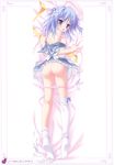  :o absurdres ass blue_hair bra breasts copyright_request dakimakura double_bun flower full_body hair_flower hair_ornament hairpin highres looking_back medium_breasts moribe_(rabumanyo) panties panty_pull pink_bra pink_panties purple_eyes ribbon school_uniform sideboob solo thighhighs thighhighs_pull underwear white_legwear 