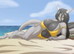  beach big_breasts bikini black_hair breasts clothed clothing day dragon drink female hair horn huge_breasts long_hair looking_at_viewer lying outside pose reptile sand scalie seaside skimpy smile solo swimsuit tail tight_clothing toughset water yellow_eyes 