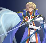  blazblue blonde_hair cape glaring gloves green_eyes hoshi_(ho4_no) jin_kisaragi male_focus military military_uniform scabbard serious sheath solo sword uniform weapon white_gloves wings yukianesa 