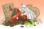  bow chocolate ex-keine fujiwara_no_mokou hair_bow horns kamishirasawa_keine kamishirasawa_keine_(hakutaku) long_hair one_eye_closed open_mouth pakuchii red_eyes silver_hair solo sukusuku_hakutaku touhou very_long_hair 