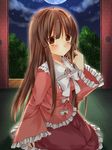  bad_id bad_pixiv_id blush bow brown_eyes brown_hair houraisan_kaguya long_hair looking_at_viewer night night_sky saijou_haruki seiza sitting sky sleeves_past_wrists sliding_doors solo touhou 