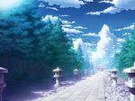  cloud day forest myouren_temple nature no_humans path perspective road scenery sky stone_lantern temple touhou tree vanishing_point 