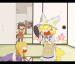  anger_vein apron bad_id bad_pixiv_id blanket brushing_teeth chen chibi frying_pan hat hat_removed headwear_removed kuzugitsune_(inarikami) ladle multiple_girls no_eyes pantyhose sweatdrop touhou wavy_mouth yakumo_ran yakumo_yukari |_| 