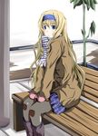  bench blonde_hair blue_eyes blue_hairband boots cecilia_alcott hairband infinite_stratos long_hair mister_(black_and_white) mittens pantyhose scarf sitting solo winter_clothes 