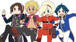  1girl 3boys ash_crimson blonde_hair blue_eyes blue_hair brown_eyes brown_hair chinese_clothes collar duo_lon elisabeth_blanctorche gloves king_of_fighters long_hair multiple_boys nichijou open_mouth parody shen_woo snk style_parody tattoo white_background 