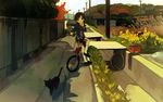  bangs bicycle black_eyes blush bread brown_hair cat food ground_vehicle highres kneehighs loafers looking_at_viewer melon_bread nature okari original path power_lines road scarf school_uniform shoes short_hair sitting skirt socks solo sweater swept_bangs white_legwear 