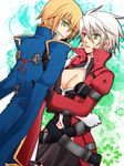  1boy 1girl arc_system_works blazblue blazblue:_calamity_trigger blonde_hair genderswap gloves green_eyes heterochromia kisaragi_jin ragna_the_bloodedge short_hair silver_hair uniform 