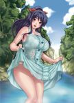  bare_legs blue_hair bra breasts dress dress_lift hair_ribbon highres kill_time_communication large_breasts lingerie long_hair open_mouth panties ponytail purple_eyes ribbon rokko see-through smile solo underwear wet wet_clothes 