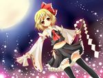  blonde_hair bow cosplay detached_sleeves full_moon hair_bow hakurei_reimu hakurei_reimu_(cosplay) looking_at_viewer mesoso moon red_eyes rumia short_hair skirt smile solo thighhighs touhou 