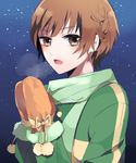  alternate_hairstyle bad_id bad_pixiv_id braid breath brown_eyes brown_hair green_scarf jacket mittens open_mouth persona persona_4 reeco3 satonaka_chie scarf short_hair sky solo star_(sky) starry_sky track_jacket 