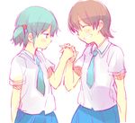  aioi_yuuko blue_hair blush brown_hair grin hair_cubes hair_ornament holding_hands kimino_tomonari multiple_girls naganohara_mio necktie nichijou school_uniform short_hair short_twintails smile tokisadame_school_uniform twintails white_background 