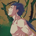  blue_hair earrings fate/stay_night fate_(series) jewelry lancer long_hair male_focus ponytail profile red_eyes shirtless solo tofu_(joka) 