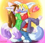  blonde_hair blue_eyes brown_hair canine couple ear_piercing ears edmol fox hair love mammal paws piercing shrinking tail transformation 