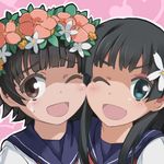  astcd2 black_hair blue_eyes brown_eyes cheek-to-cheek flower hair_flower hair_ornament long_hair multiple_girls one_eye_closed open_mouth sakugawa_school_uniform saten_ruiko school_uniform serafuku short_hair smile to_aru_kagaku_no_railgun to_aru_majutsu_no_index uiharu_kazari wreath 