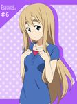  blonde_hair blue_eyes blush casual character_name hands_on_own_chest ikari_manatsu k-on! kotobuki_tsumugi long_hair polka_dot polka_dot_background solo 