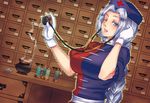  blue_eyes braid breasts drawer gloves hat incense large_breasts lips long_hair looking_at_viewer nurse_cap one_eye_closed puffy_short_sleeves puffy_sleeves short_sleeves silver_hair smile solo stethoscope touhou tube yagokoro_eirin yuuten 