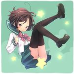  ahoge bad_id bad_pixiv_id black_legwear bow brown_hair falling kuinji_51go original panties red_eyes sailor_collar_lift school_uniform serafuku short_hair skirt solo star thighhighs underwear upskirt 