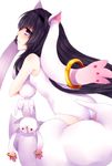  akemi_homura animal_ears bad_id bad_pixiv_id black_hair blood cosplay highres kyubey kyubey_(cosplay) leotard long_hair mahou_shoujo_madoka_magica nosebleed purple_eyes reniirean tail 