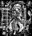  acryl book bow chair crescent dress gem greyscale hair_bow long_hair monochrome patchouli_knowledge sitting solo touhou 