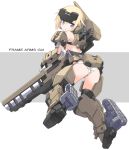  1girl armored_boots ass bangs black_legwear blonde_hair blue_eyes boots commentary_request copyright_name frame_arms_girl gourai grey_background hair_between_eyes highres karukan_(monjya) looking_at_viewer looking_back mecha_musume panties parted_lips shoe_soles sidelocks solo striped striped_panties thighhighs two-tone_background underwear white_background 