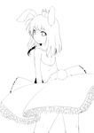  absurdres ac_japan animal_ears arigato_usagi back bare_shoulders bunny_ears bunny_tail crown dress from_behind highres lineart long_hair looking_back monochrome personification shima_(sh1mamu) smile solo tail 