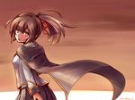  blazblue blazblue_phase_0 brown_eyes brown_hair cape celica_a_mercury hair_ribbon looking_back ponytail ribbon solo 