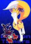  armpits arms_up black_sclera copyright_name digimon digimon_tamers falling fur gloves impmon jumping no_humans renamon tail uzu_(cascadenyamnyam) yin_yang 