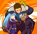  1girl 2boys android angry blue_eyes blue_hair brown_hair candy dark_skin gloves happy k&#039; k' king_of_fighters kula_diamond long_hair male maxima multiple_boys silver_hair simple_background smile snk 