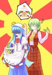  ^_^ ascot blue_hair closed_eyes food fruit green_hair hat hinanawi_tenshi kagami_mochi kazami_yuuka leaf long_hair mandarin_orange multiple_girls musical_note peach plaid plaid_skirt plaid_vest shaded_face shimada_(simada_bu) short_hair skirt smile touhou vest 