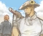  adon_(street_fighter) casual cloud cloudy_sky day flower hair_down hand_wraps hat hat_flower hikage_mono jacket multiple_boys neckerchief no_pupils pole red_hair sagat shaded_face sky straw_hat street_fighter walking 