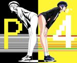  bent_over blue_hair breasts cabbie_hat hat highres jacket legs no_pants open_clothes open_shirt persona persona_4 shino_(comic_penguin_club) shirogane_naoto shirt shoes short_hair small_breasts socks symmetry 