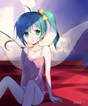  ahoge aqua_eyes aqua_hair arm_support bare_shoulders bed bow breasts camisole collarbone covered_nipples daiyousei fairy_wings green_eyes green_hair hair_bow no_pants panties short_hair side_ponytail sitting small_breasts solo touhou tucana underwear wings 