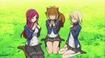  3girls animal_ears animal_tail artist_request blazblue blonde_hair blue_eyes boots brown_hair eating grass green_eyes hairband kneehighs nanaya_makoto noel_vermillion official_art outside pastry red_hair school_uniform tsubaki_yayoi 