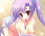  bent_over bra breasts character_request copyright_request highres large_breasts lingerie long_hair mitsui_mana mouth_hold nipples panties purple_hair red_eyes solo striped striped_panties twintails underwear underwear_only undressing 