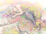  art_brush bare_shoulders bee blonde_hair bucket bug canvas_(object) flower hands high_heels insect lips lying on_side original paintbrush pale_color pantyhose pomodorosa shoes solo 