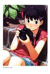  absurdres black_eyes black_hair camera flower from_above hair_flower hair_ornament hairclip highres leaning_back looking_at_viewer non-web_source original plant scan shirt short_hair shorts sitting smile solo takamichi 