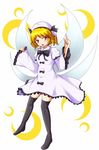  bad_id bad_pixiv_id black_legwear blonde_hair bow crescent dress drill_hair fairy_wings full_body hat index_finger_raised luna_child open_mouth pink_eyes short_hair solo thighhighs touhou wings yoshida_tatsumi 