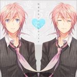  66_(roro) alternate_eye_color blue_eyes blush border dual_persona envelope heart letter long_sleeves love_letter male_focus multiple_boys necktie nenchaku_kei_danshi_no_15_nen_nechinechi_(vocaloid) open_mouth parted_lips pink_hair sad shirt squinting striped striped_shirt surprised symmetry tears too_mizuguchi vocaloid vy2 wind 