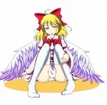  ahoge bad_id bad_pixiv_id blonde_hair bow breasts fang full_body gengetsu hair_bow no_shoes panties red_bow short_hair sitting small_breasts solo thighhighs touhou touhou_(pc-98) underwear white_background white_legwear white_panties wings yellow_eyes yoshida_tatsumi 