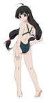  ass bare_legs barefoot black_eyes black_hair competition_swimsuit from_behind fukuoka_katsumi full_body kohak_hearts long_hair looking_back low-tied_long_hair one-piece_swimsuit simple_background solo swimsuit tales_of_(series) tales_of_hearts twintails white_background 