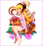  akishima_kei bad_id bad_pixiv_id bakemonogatari bare_legs bare_shoulders barefoot blonde_hair doughnut dress feet food goggles goggles_on_head helmet legs lion long_hair long_legs monogatari_(series) mouth_hold oshino_shinobu red_eyes sitting solo stuffed_animal stuffed_toy 