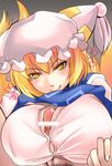  blonde_hair breasts button_gap covered_nipples hat heart large_breasts licking_lips male_pubic_hair naughty_face paizuri paizuri_under_clothes penis pubic_hair short_hair solo_focus takamoto_akisa tongue tongue_out touhou yakumo_ran yellow_eyes 