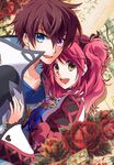  1girl asbel_lhant bad_id bad_pixiv_id blue_eyes brown_eyes brown_hair cheria_barnes couple flower hetero heterochromia long_hair pink_hair purple_eyes red_flower red_rose rose sasaki_yuki smile tales_of_(series) tales_of_graces two_side_up 